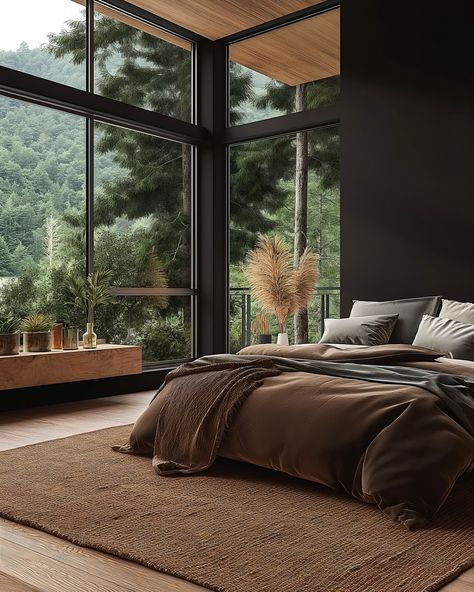 Dark Natural Bedroom, Dark Scandinavian Interior, Bedroom Inspo Cozy, Modern Mediterranean Bedroom, Modern Scandinavian Bedroom, Kitchen Wallpaper Ideas, Mediterranean Bedroom, Mountain Dream Homes, Natural Bedroom