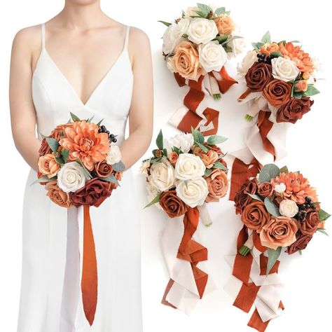 Ling's moment Set of 4 Bridesmaid Bouquet Artificial Rose Bouquet 7 inch Small Bouqeut for Wedding Ceremony Bridal Party (Gradient Terracotta) Wedding Bouquets For Bridesmaids, Bouquets For Bridesmaids, Orange Wedding Bouquet, Burnt Orange Wedding, Orange Wedding Flowers, Burnt Orange Weddings, Dusty Rose Wedding, Bouquet Toss, Artificial Flower Bouquet