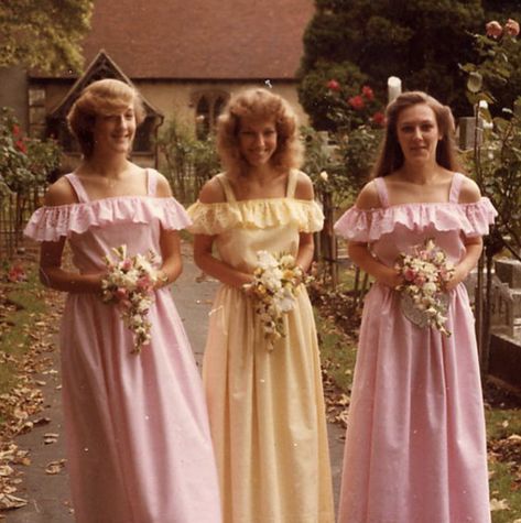 Retro Bridesmaid Dresses, Pink Yellow Weddings, Dresses 70s, 1970s Wedding, Vintage Bridesmaid Dresses, Always A Bridesmaid, Big Sleeves, The Wedding Singer, Blush Bridal