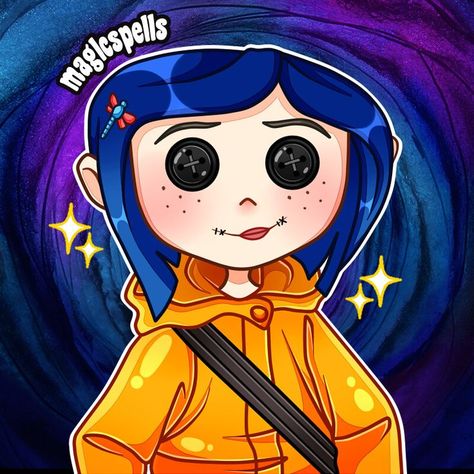 By Maglc Spells (Coraline - Coraline Jones) Coraline Fanart, Coraline Drawing, Coraline Cat, Glitter Tiles, Skeleton Artwork, Coraline Art, Newest Horror Movies, Coraline Doll, Coraline Jones