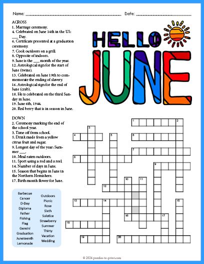 Free Printable June Crossword Word Search June Word Search, Free Crossword Puzzles For Adults, Summer Crossword Puzzle Free Printable, Easy Crossword Puzzles Printable, Printable Puzzles For Adults, Summer Crossword, Crossword Puzzles For Adults, Magic Squares Math, Crossword Puzzles Printable