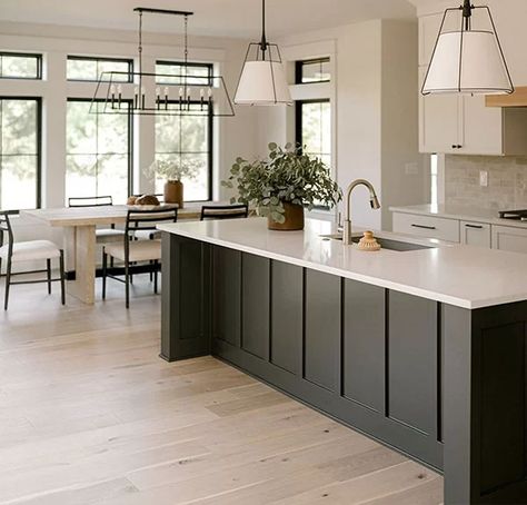 Kitchen And Dining Combined, Kitchen Without White Cabinets, Mudroom Area In Kitchen, Black Birch Homes Kitchen, Paint Island Black, Kitchen Ideas Black Island, Mont Fantasy Quartz Countertop, Black Lighting Kitchen, Black Islands In Kitchen