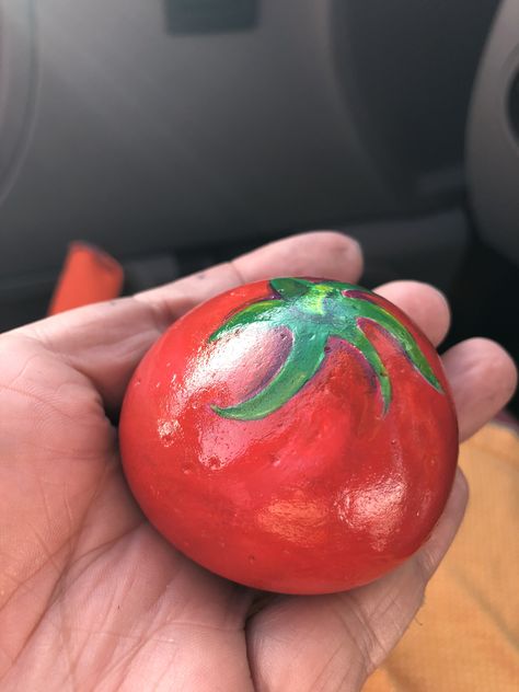 Tomato rock Tomato Rock Painting, Tomato Painted Rock, Red Rock Painting, Round Rock Painting Ideas, Fruit Art Drawings, Ladybug Rocks, Diy Rock Art, Painted Rock Animals, Seashell Painting