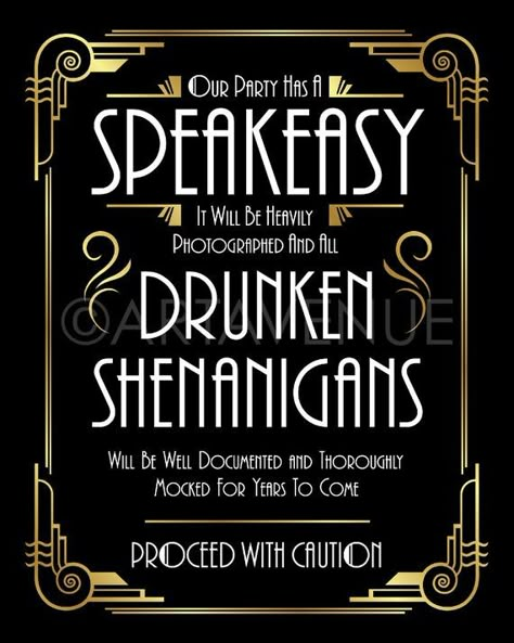 Gatsby Wedding Sign Printables | Speakeasy Drunken Shenanigans Sign Art | Black and Gold Art Deco Si