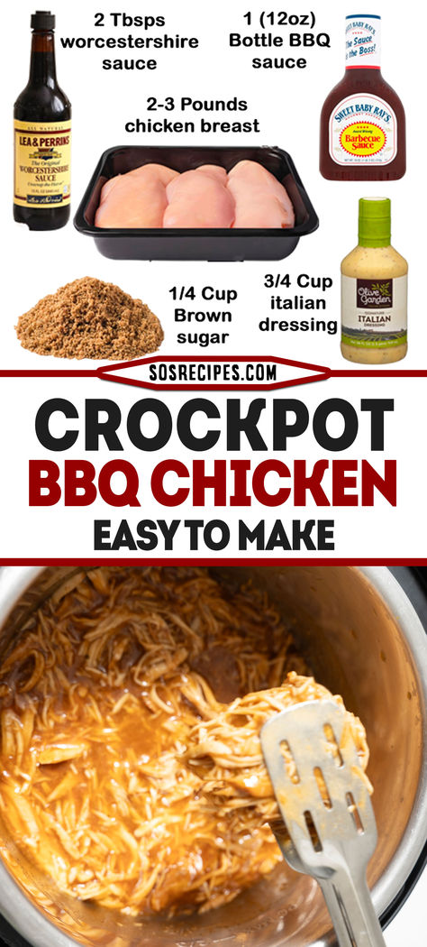 The Ultimate Shredded BBQ Chicken Recipe This simple crockpot BBQ chicken recipe, made with just 5 ingredients, is a family favorite! Bbq Shredded Chicken Crockpot, Easy Bbq Pulled Chicken, Crock Pot Bbq Pulled Chicken, Simple Crockpot Chicken, Bbq Baked Potatoes, Bbq Chicken Sandwiches, Crockpot Chicken Recipe, Crockpot Bbq Chicken, Best Bbq Chicken