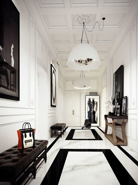 5 reasons NOT to fear black & white floors Black And White Flooring, White Flooring, Marble Flooring Design, Hallway Designs, White Interior Design, Black And White Interior, Attic Remodel, Foyer Decorating, Rustic Dining Room