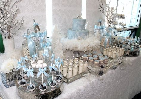 Christmas Wedding Shower Ideas, Sweet 16 Winter Theme, Candy Sweet 16, Woodland Dessert Table, Winter Wonderland Dessert Table, Winter Dessert Table, Quinceanera Winter Wonderland, Sweet 16 Winter Wonderland, Dessert Table Wedding