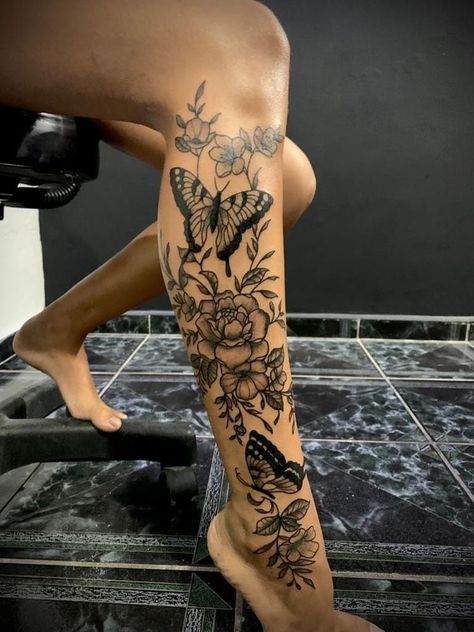 Black Tattoo With Red Accents, Half Leg Tattoos Women, Tattoo Ideas Female Leg Sleeve, Womens Calf Tattoo Ideas, Full Leg Tattoos Women Sleeve, Lower Leg Tattoos Women Unique, Lower Leg Tattoos Women, Full Leg Tattoos Women, Full Leg Tattoo