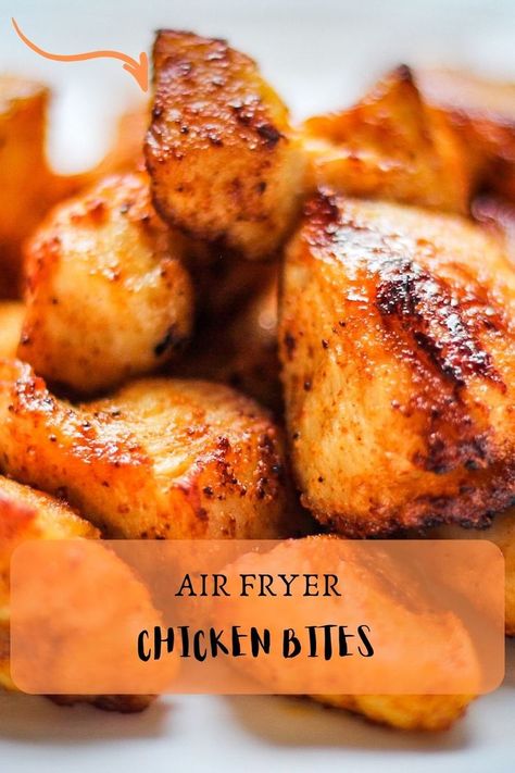 Crispy chicken bits on a white plate. Chicken Pieces Air Fryer, Chicken Chunks Recipe Air Fryer, Keto Chicken Bites Air Fryer, Air Fryer Cubed Chicken, Diced Chicken Air Fryer Recipes, Diced Chicken Air Fryer, Bbq Chicken Bites Air Fryer, Air Fryer Chicken Cubes, Chicken Bites Air Fryer Recipes