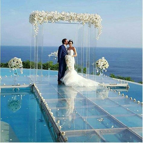 Pool platform Wedding Ideas Unique, Unique Destination Wedding, Destination Wedding Ideas, Pool Wedding, Wedding Rentals Decor, Storybook Wedding, Wedding Aisle Decorations, Caribbean Wedding, Destination Wedding Locations