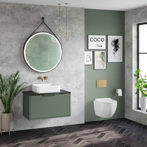 5 items you NEED in your bathroom to embrace the bathroom colour of 2023 - sage green Modern Sage Green Bathroom, Sage Green Shower Room, Green Grey And White Bathroom, Grey And Sage Bathroom, Green Slate Bathroom, Sage Green Toilet Room, Ensuite Bathroom Ideas Green, Small Bathroom Design Sage Green, Sage Green Tiled Bathrooms