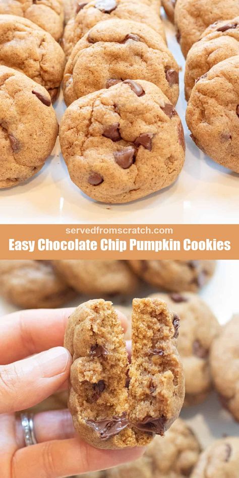 Everything you love about this classic and iconic cookie, but with a little hidden veggie and fall flavors. Our Easy Chocolate Chip Pumpkin Cookies are thick, soft, chewy, sweet cookies perfect for the holidays! Pumpkin Cookies Chocolate Chip, Pumpkin Peanut Butter Cookies, Pumpkin White Chocolate Chip Cookies, Easy Pumpkin Cookies, Cookies With Pumpkin, Seasonal Cookies, Chocolate Chip Pumpkin Cookies, Pumpkin White Chocolate, Mouthwatering Desserts