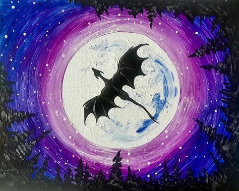 Gazing up at the night sky, a dragon takes flight in the night, over a sky of stars and a shining moon.  Enjoy a fun afternoon of painting on our patio with your family and friends, limited seating! Painting will be done on a 9" x 12" canvas. Moon Painting, Canvas Painting Designs, Canvas Painting Diy, Fantasy Paintings, Small Canvas Art, Paint And Sip, Night Painting, Diy Canvas Art Painting, Art Inspiration Painting