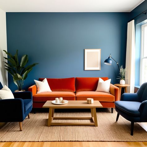 36 Bright and Stylish Orange Living Room Ideas to Elevate Your Space - Style Zuri Orange Floors Living Room, Blue And Orange Living Room Ideas, Orange And Blue Living Room, Orange Living Room Decor Ideas, Orange Living Room Ideas, Blue And Orange Living Room, Lavender Curtains, Walnut Wood Furniture, Orange Accent Chair