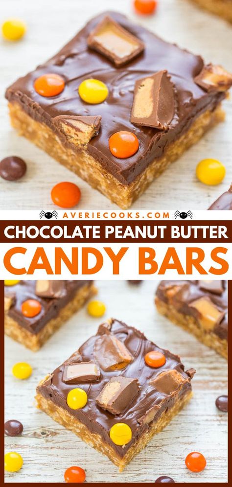 Want more Halloween treats? Here's a no-bake cereal bar recipe! Not only are these candy bars super soft and chewy, but they are also loaded with peanut butter flavor and plenty of chocolate chips. Save this easy dessert idea! Cereal Bar Recipe, Healthy Candy Recipes, Savory Halloween Food, Peanut Butter Recipes Easy, Cereal Bars Recipes, Candy Bar Recipe, Candy Bar Cookies, Butter Candy, Healthy Candy