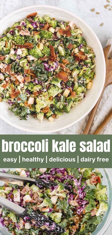 Broccoli salad in large white serving bowl and a second image showing ingredients being mixed together. Broccoli Kale Salad, Salad Dairy Free, Kale And Cabbage, Healthy Broccoli Salad, Dairy Free Salads, Delicious Broccoli, Healthy Broccoli, Clean Eating Salads, Kale Salad Recipes