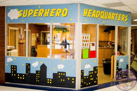 Great idea for decorating the office when using the "I Teach. What's Your Superpower?" theme! Superhero School Theme, Superhero Teacher Appreciation, Hero Classroom Theme, Superhero School, Superhero Teacher, Superhero Classroom Theme, Staff Appreciation Week, Superhero Classroom, Lunch Notes