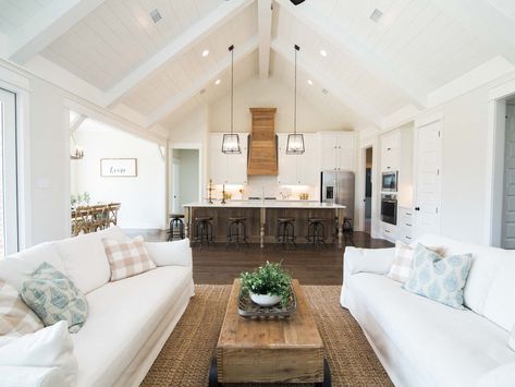 Tall Ceiling Living Room, Cathedral Ceiling Living Room, Open Concept Dining Room, Vaulted Ceiling Lighting, Beams Living Room, Vaulted Ceiling Kitchen, Open Concept Kitchen Living Room, Garage To Living Space, Vaulted Ceiling Living Room