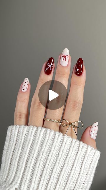 Heaji on Instagram: "fall bows and polka dots🧣🎀❣️

using @modelones Gel Mini Salon Set in Low-key Passion 
colors Ancora Red and White Champagne

*sponsored

——
[cozy patterned nail design, red creme fall nails, nail art, satisfying nail tutorial video]

#modelonesgelminisalon #modelonesgelnailpolish #takeminisalonhome #modelones #fallnails #minimalnails #bownails #coquettenails #polkadotnails #simplenails #gelnails #nails #nailart #내일아트 #esmalte #nailinspo #naildesign #nailgoals #nailideas #beautifulnails #trendy #beauty #trendybeauty #nailtech #nailswatch #satisfying #easynails" Poca Dot Nails, Red Nails With White Polka Dots, French Manicure With Polka Dots, Polka Dot Christmas Nails, Christmas Polka Dot Nails, Nail Bow Designs, Red Polka Dot Nails, Nail Design Red, Art Satisfying