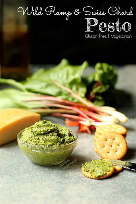 Wild Ramp and Swiss Chard Pesto - Domestic Dreamboat Chard Pesto, Wild Ramps, Gluten Free Pesto, Homemade Hamburger Buns, Vegetable Dips, Pink Popcorn, Homemade Hamburger, Homemade Hamburgers, Hamburger Buns