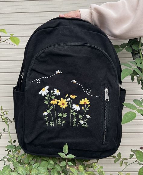 Canvas Backpack/Womens Backpack/Travel Backpack/Embroidered Backpacks With Garden Of Chrysanthemums And Bees/Vintage Backpack/Best For Gifts Black Tag Design, Raven Embroidery, Backpack Painting, Backpack Video, Losing Motivation, Vintage Canvas Bags, Painting Backpack, Festival Backpack, Black School Bags