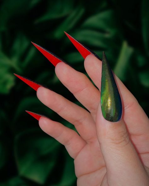 Scarabaeus II: Red Bottoms – Color-Shifting Green Chrome and Ruby Red-Bottommed Nail Classic red-bottom stilettos, color-shifting scarabaeus green. Inspired by Christian Louboutin. Choose your preferred nail shape and length! Designed by Shanice (@animininails). Order Details CUSTOM SIZED. 7-15 day lead time (from the Red Pointy Nails Stilettos, Poison Ivy Nails, Nail Shape And Length, Bottom Nails, Alcohol Cleanse, Red Bottom Nails, Ivy Nails, 22 Nails, Bold Nails