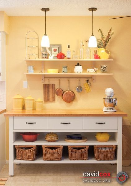 Ikea hack - VÄRDE Base cabinet, repainted, w/ a replacement cherry butcherblock top and new drawer handles Ikea Varde, Kitchen Counter Island, Baking Station, Yellow Kitchen Decor, Freestanding Kitchen, Kitchen Stand, Yellow Wall, Yellow Kitchen, Ikea Kitchen