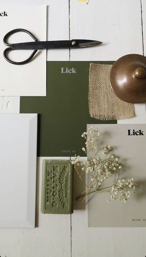 Olive Decor, Green Branding, Materials Board Interior Design, Crafting Corner, Mood Board Interior, Hex Color Palette, Interior Decorating Styles, Room Color Schemes, Green Colour Palette