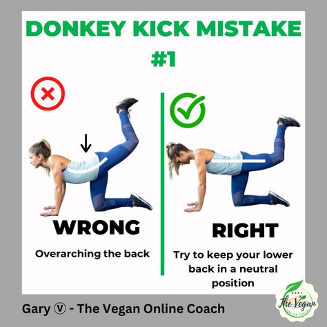 Donkey Kick is a great exercises for flexibility, strength and if you up the tempo, part of a cardio routine. But make this mistake and you will not only not get the full benefits but worse your could end up giving yourself a back injury or ab pain. #weightloss #lifestyle #personaltrainer #gymlife #muscle #strong #cardio  #training #exercise #fit #health #weightloss #workoutmotivation #fitnessgoals #fitnessjourney #fitfam #weightlossjourney #gymmotivation #healthy #workouts #theveganonlinecoach Exercises For Flexibility, Donkey Kicks, Back Injury, Cardio Routine, Cardio Training, Posture Correction, Flexibility Workout, Online Coaching, Chiropractic