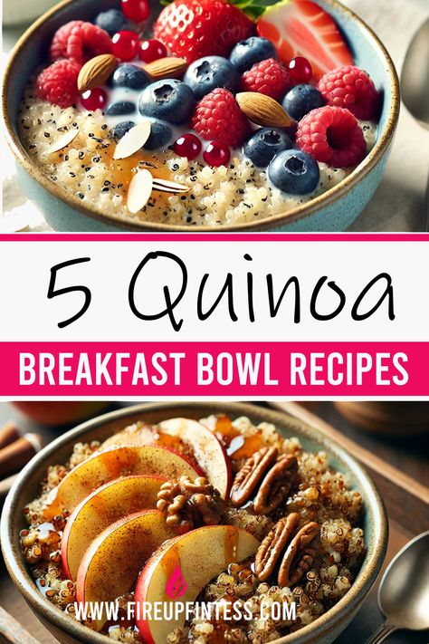 5 Delicious Quinoa Breakfast Bowl Recipes 🥑🍓🥣 for a Healthy Start Fruit Breakfast Bowl, Quinoa Recipes Bowl, Protein Bowls Clean Eating, Quinoa Power Bowl Recipes, Quinoa Bowls Recipes, Power Bowls Breakfast, Overnight Quinoa Breakfast, Breakfast Quinoa Recipes, Quinoa Breakfast Recipes