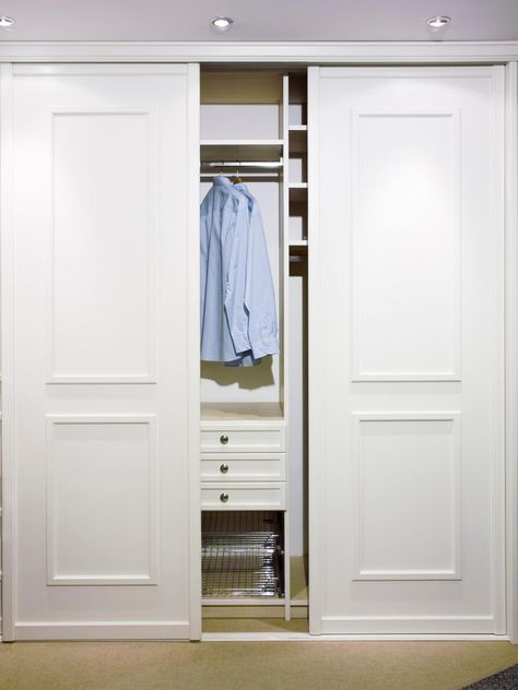 HGTV: Expert tips on sliding closet door designs plus inspiring pictures, ideas and options for sliding closet doors. Bedroom Closet Doors Sliding, Closet Door Alternative, Bedroom Closet Doors, Closet Door Handles, Trendy Door, Entryway Closet, Bifold Closet Doors, White Closet, Sliding Wardrobe Doors