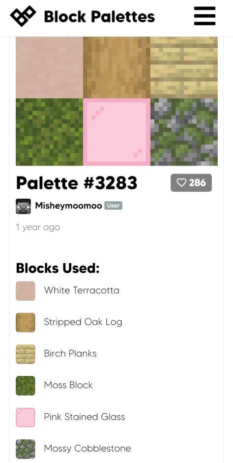 Cottagecore Minecraft Pallet, Minecraft Block Palette Birch, Aesthetic Minecraft Block Combinations, Minecraft Aesthetic Block Palette, Minecraft Block Palette Oak, Minecraft Colour Palette Pink, Birch Block Pallet Minecraft, Minecraft Color Combinations, Minecraft Block Pallet Ideas