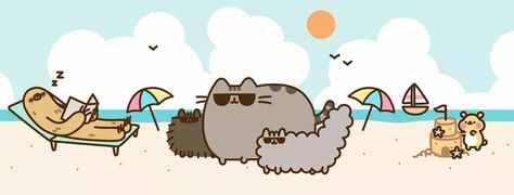 Pusheen first day of summer Pusheen Banner, Cats Funny Cartoon, Pusheen Love, Pusheen Cute, Pusheen Cat, Nyan Cat, Cover Wallpaper, Minecraft Pixel Art, Kawaii Cat