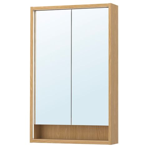 FAXÄLVEN mirror cabinet w built-in lighting, oak effect, 60x15x95 cm - IKEA Bathroom Furniture Storage, Kids Flooring, Plastic Foil, Plastic Edging, Tempered Glass Door, Frame Shelf, Mirror Cabinet, Bathroom Kids, Laundry In Bathroom