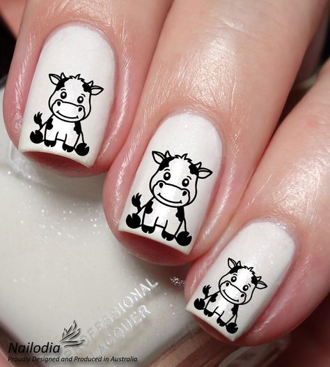 The Package Includes: 1. Baby Cow Nail Art Sticker Wrap (24 Decals per sheet) 2. Instruction You will receive exactly what you see on the last image of the item. These lovely decals can be applied over any colour and any type of nails such as regular polish, soak off gel, hard gel and acrylic. To check the size of each decal, please see the last image of the item. Easy to apply: 1. Trim, clean and paint your nails in the colour of your choice. 2. Cut the patterns in your desired size in order to fit on your nails. 3. Soak each into water for 20-30 seconds. 4. Slide it off the backing paper and place it on your nail into a desired position. 5. Get rid of the excess water with a paper towel. 6. Let it dry and apply a decent clear topcoat on at the end. Why Nailodia: 1. Proudly Designed and P Chicken Nail Art, Cow Pattern Nails, Cow Nail Art, Cow Nails Designs, Highland Cow Nails, Elegant Touch Nails, Cow Nails, Cute Baby Cow, Nail Patterns