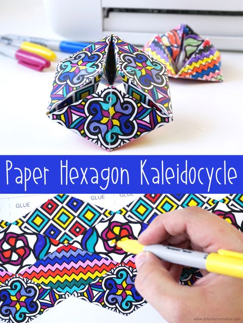 Free Printable Paper Hexagon Kaleidocycle #papercrafts #kidscrafts #kidsactivities #printable #freebie #freeprintable #coloring #craft #diy Fun Projects For Kids, Folding Origami, Craft Club, Paper Crafts Origami, Middle School Art, Printable Crafts, Camping Art, Paper Folding, Paper Toys