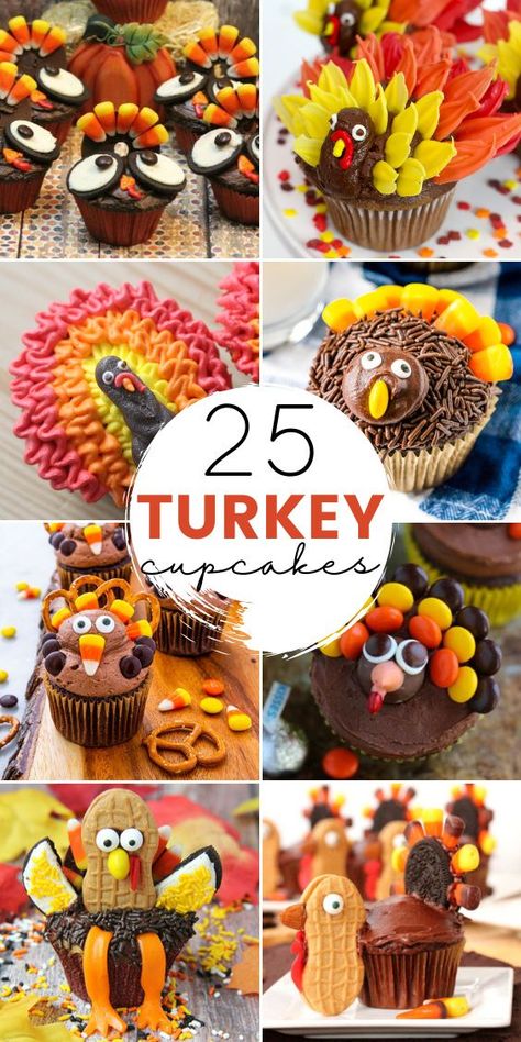 Cupcake Turkey, Thanksgiving Cupcakes Decoration, Turkey Cupcake, Thanksgiving Chocolates, Deco Cupcake, Thanksgiving Desserts Kids, Turkey Ideas, Thanksgiving Baking, Turkey Cupcakes