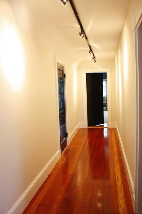 Black doors, white walls, floor boards Track Lighting Hallway, Polished Floorboards, Tracking Light, Hallway Lights, Modern Track Lighting, Boston House, Hallway Light Fixtures, Track Lights, Floor Boards