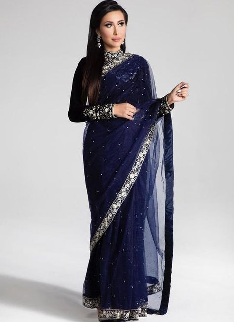 Navy Blue and Silver Net Saree Silver Net Saree, Blue Net Saree, Navy Blue Saree, Designer Sarees Wedding, Straight Suit, Indian Bridal Sarees, Wedding Party Wear, Party Wear Gown, Salwar Designs