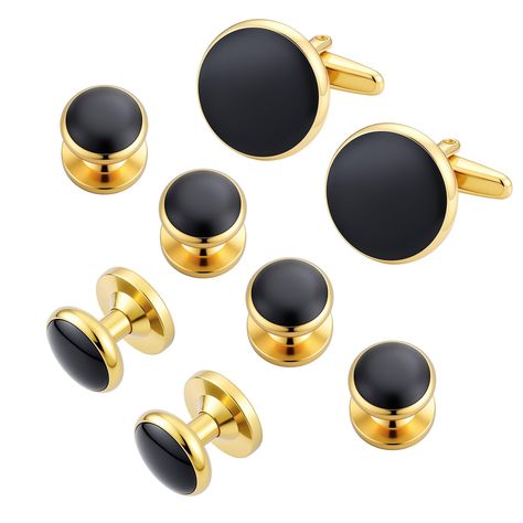 PRICES MAY VARY. CUFFLINKS AND SHIRT STUDS:1 pair cufflinks for men and 6 tuxedo shirt studs. Gold cufflinks with black surfaces Perfect color match will never go out of fashion. Can add elegance to your shirt. SIZE:Cufflinks Diameter: 0.67 In(17mm) Studs Size: Diameter: 0.39 In(10mm) Altitude：0.36 In(9mm) MAN'S MUST-HAVE CUFFLINKS SET：Can Complements any Colour shirt – From standard dress shirts to tuxedo shirt ,can adapt to all styles. Quality Stainless Steel Cufflinks and Tuxedo Studs, packed nice gift box. PERFECT GIFTS:Excellent for weddings, formal, business attire and an overall polished shirt finish look, best mens gifts , grooms, father, boss, boyfriend, husband. For weddings, anniversaries, birthdays, special occasions, business partnerships, Christmas, etc. SALES SERVICE:Thank y Tuxedo Studs, Standard Dress, Gold Cufflinks, Cufflink Set, Tuxedo Shirts, Stud Set, Best Gifts For Men, Business Attire, Blue Gold