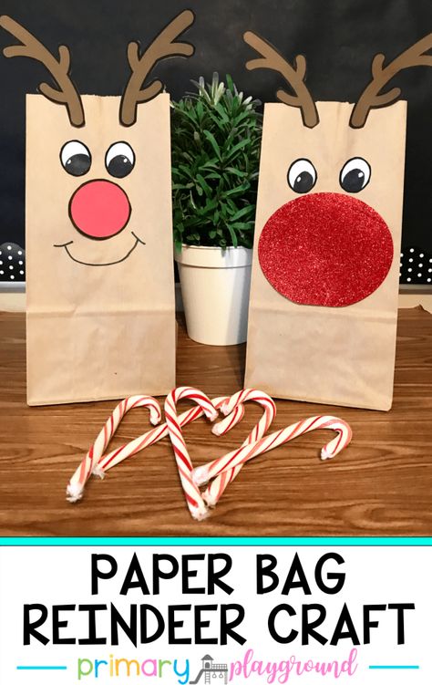 Paper Bag Reindeer Craft - Primary Playground Craft Activity For Kindergarten, Paper Bag Reindeer, Paper Bag Decoration, Primary Playground, Caregiver Gifts, Activity For Kindergarten, Winter Paper, Paper Bag Crafts, Paper Bag Puppets