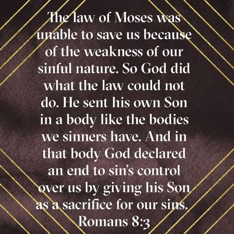 The law of Moses was unable to save us because of the weakness of our sinful nature. So God did what the law could not do. He sent his own Son in a body like the bodies we sinners have. And in that body God declared an end to sin’s control over us by giving his Son as a sacrifice for our sins. Romans 8:3 I Am The Law Of Moses, Law Of Moses, Romans 8, Saved By Grace, Daily Bible Verse, Daily Bible, Verses, Bible Verses, Bible