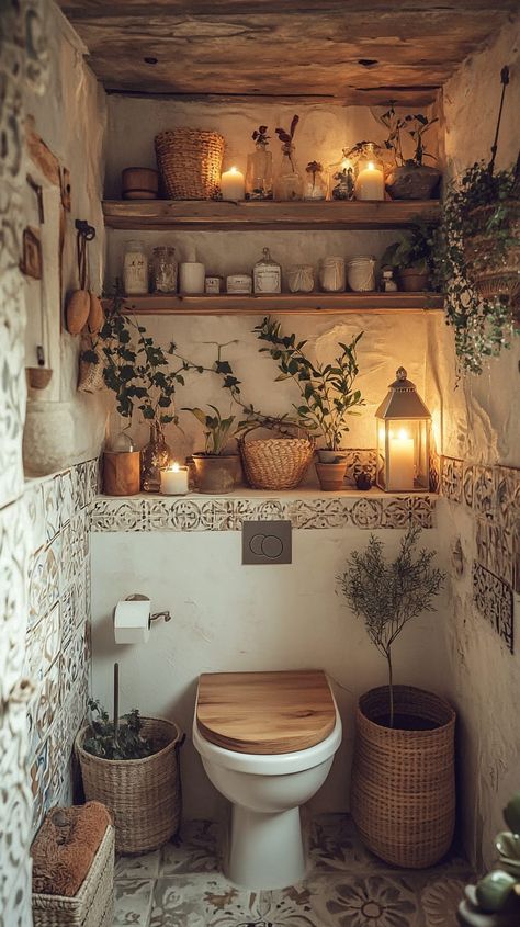 Wabi-sabi style bathroom with wooden toilet seat, potted plants, candles, and vintage tiles, creating a cozy, rustic Cozy Home Aesthetic Bathroom, Small Bathroom Ideas Cottagecore, Cozy Spa Bathroom, Bathroom Full Of Plants, Small Bathroom No Window Ideas, Earthy Tone Bathroom, Earthy Modern Bathroom, Bathroom Without Tiles, Basic Bathroom Remodel