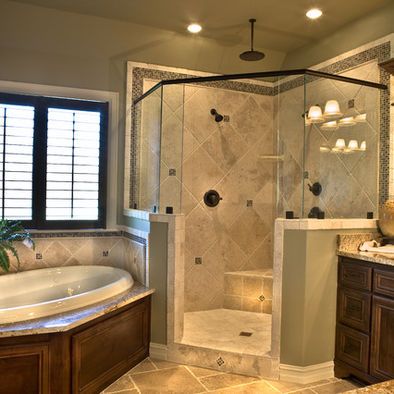 Large Corner Shower Corner Tubs, Old World Bathroom, Dream Bathroom Master Baths, Traditional Bathroom Designs, Large Bathroom, Small Bedrooms, Corner Tub, Bad Inspiration, Master Bath Remodel