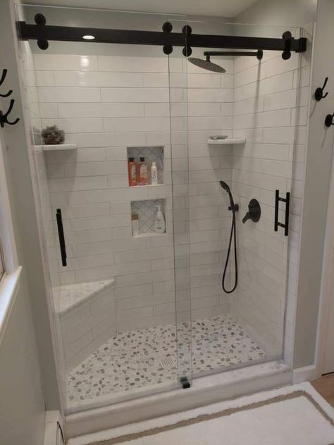 Corner Seat Shower Ideas, Walk In Shower With Corner Seat, Corner Seat In Shower Ideas, Walk In Shower With Shelves, Walk In Shower With Corner Bench, Corner Shelves In Shower Built Ins, Walk In Shower With Sliding Door, Small Bathroom Shower With Bench, Walk In Shower Small Bathroom With Seat