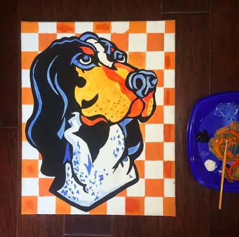 Painted Smokey with orange checkerboard background on a canvas #govols #utk #tennessee #vols Tennessee Vols Painting, Tennessee Painting, Checkerboard Background, Go Vols, Tennessee Vols, Weekend Ideas, Painting Canvases, Wall Canvas Painting, Canvas Painting Designs