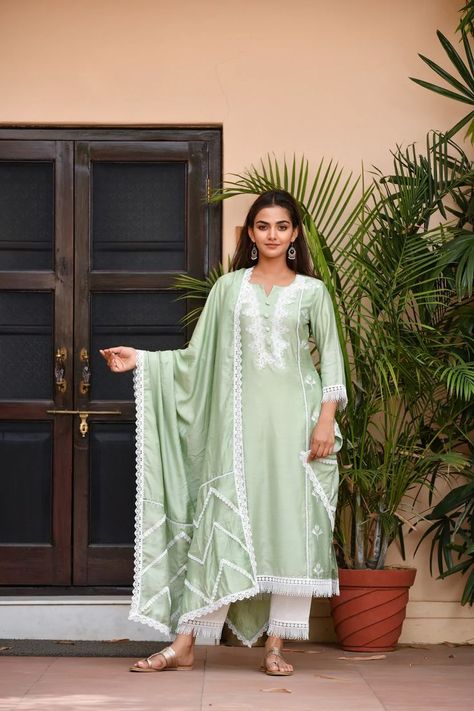 Designer Readymade Daily wear dress. Buy Now #kurti #kurtiset #prettydresses #suits #suitsets #indowestern #ethnicwear #traditional #pastel #designerprettyblouse #kurti #kurtiset #prettydresses #suits #suitsets 
#indowestern #ethnicwear #traditional #pastel #designerprettyblouses #blousepatterns #blousedesigns #sareeblouse #fashion #sareeinspiration #blouse #justblouses #blousedesigns #sareeblouse #fashionillustration Pista Green Suit, Daily Wear Dress, Cotton Suit Designs, Lace Suit, Pista Green, Green Suit, Pretty Blouses, Indian Suits, Silk Suit