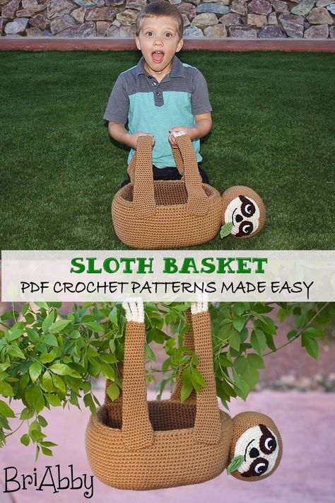 Everyone adores a cute sloth, so you can't go wrong with this amazing sloth basket. Make one for Easter for the kids or for yourself as a plant holder! You can also use this animal bag for children to collect their little toys in to make pickup fun. This crochet pattern is easy and you will feel like you've created a masterpiece when you're finished. #BriAbby #CrochetPattern #EasterCrochet #EasterBasket #CrochetSloth #BasketPattern #CrochetBag #KidsBasket #PopularCrochetPattern #TrendingCrochet Basket Bag Pattern, Sloth Bag, Basket Crochet Pattern, Crochet Sloth, Double Crochet Decrease, Single Crochet Decrease, Basket Crochet, Popular Crochet, Crochet Decrease