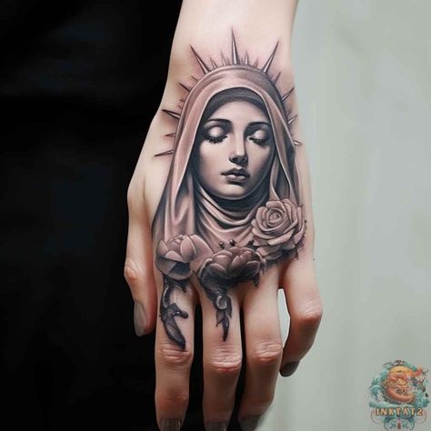 Virgin Mary Tattoo Neotraditional, Neo Traditional Virgin Mary Tattoo, Mexican Hand Tattoos For Women, Mary Hand Tattoo, Tattoos Virgin Mary, Virgin Mary Hand Tattoo, Virgin Mary Tattoo For Women, Our Lady Of Guadalupe Tattoo, Mother Mary Tattoo