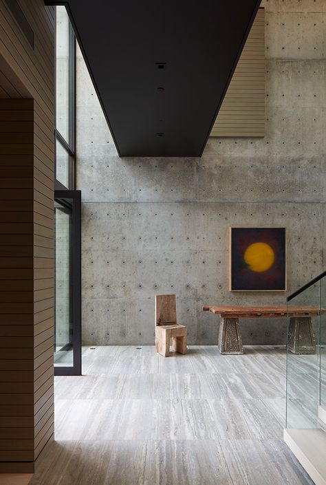 Concrete Wood Interior, Travertine Steps, Concrete Wall Panels, Wabi Sabi Interior, Concrete Interiors, Architectural Sculpture, Contemporary Building, Wood Screens, Concrete Home